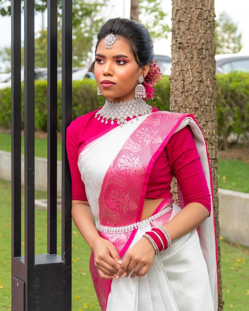 White & Pink Border Kanjipuram Soft Silk Saree