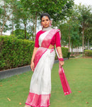 White & Pink Border Kanjipuram Soft Silk Saree