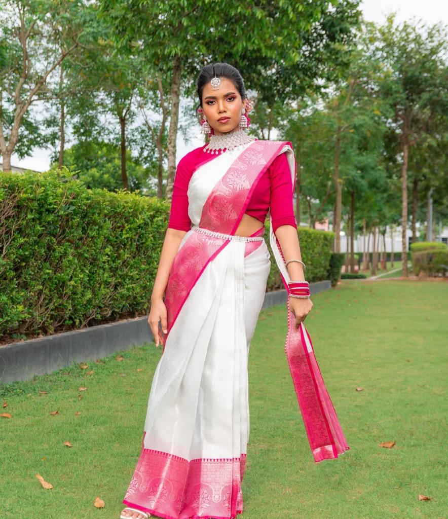 White & Pink Border Kanjipuram Soft Silk Saree