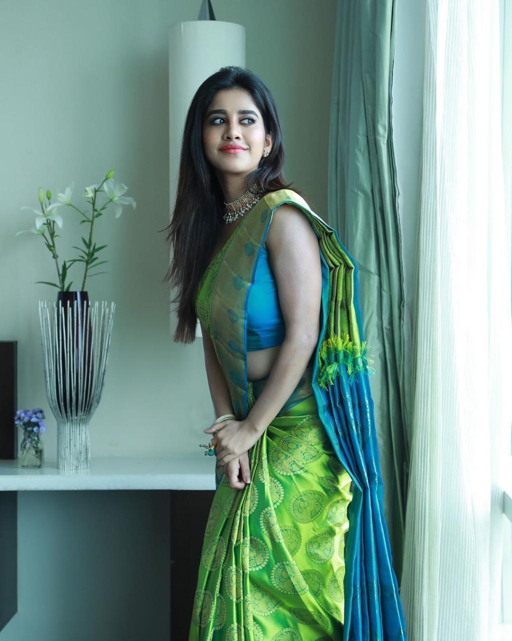 Valiba Beautiful Lite Green & Jacquard Work Silk Designer Sarees