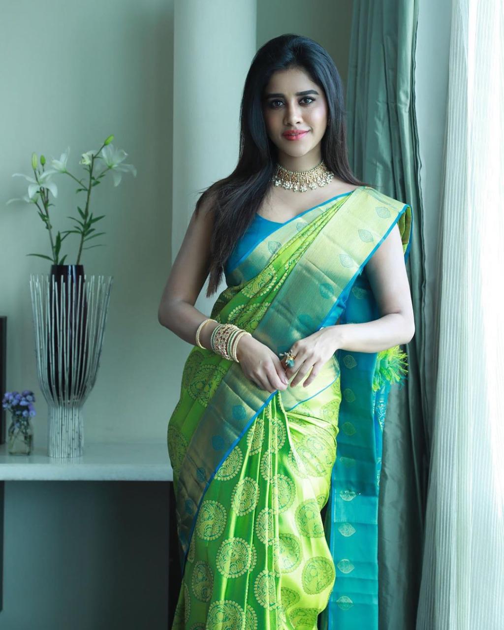 Valiba Beautiful Lite Green & Jacquard Work Silk Designer Sarees