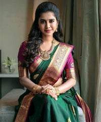 Valiba Attractive Silk Royal Bottle Green Color Jacquard Silk Sarees