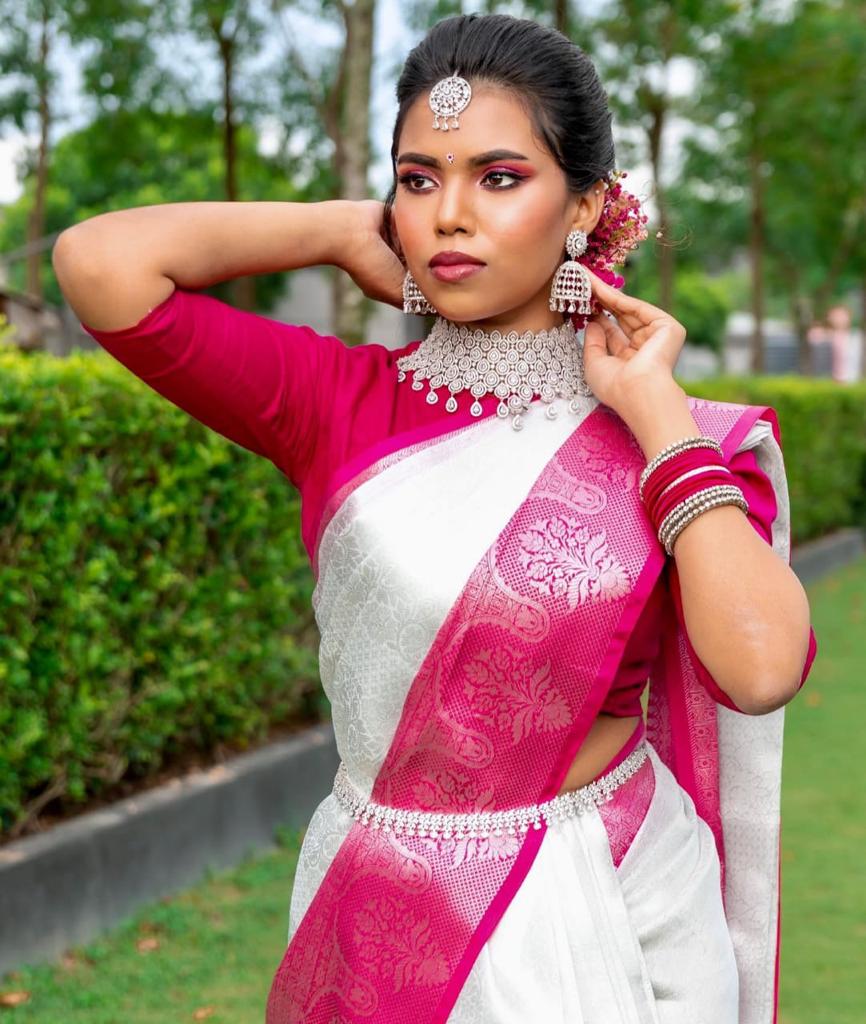 White & Pink Border Kanjipuram Soft Silk Saree