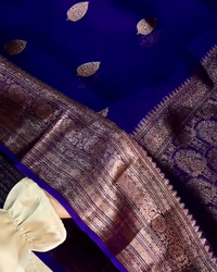 Keya – Royal Blue Banarasi Silk Saree with Leaf Buti and Antique Zari Border