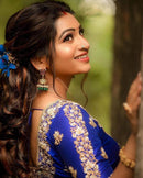 Gery Color With blue Blouse Golden Fulda Soft Silk Kantivati Saree Weaving