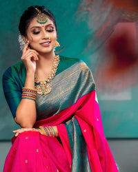 Red With Green Broder Combition Soft Silk Finish Saree Weaving
