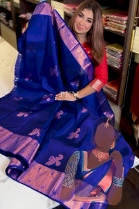 Fantabulous Royal Blue Soft Banarasi Silk Saree With Inimitable Blouse Piece