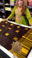 Artistic Brown Soft Banarasi Silk Saree With Snappy Blouse Piece