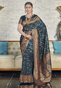 Dark Green Zari Woven Banarasi Jaal Katan Silk Saree