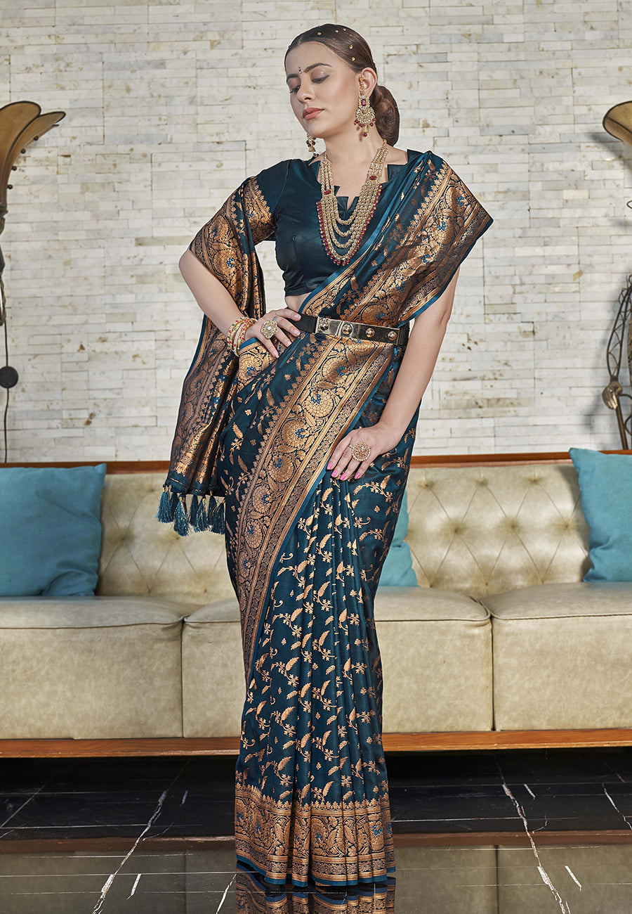 Dark Green Zari Woven Banarasi Jaal Katan Silk Saree