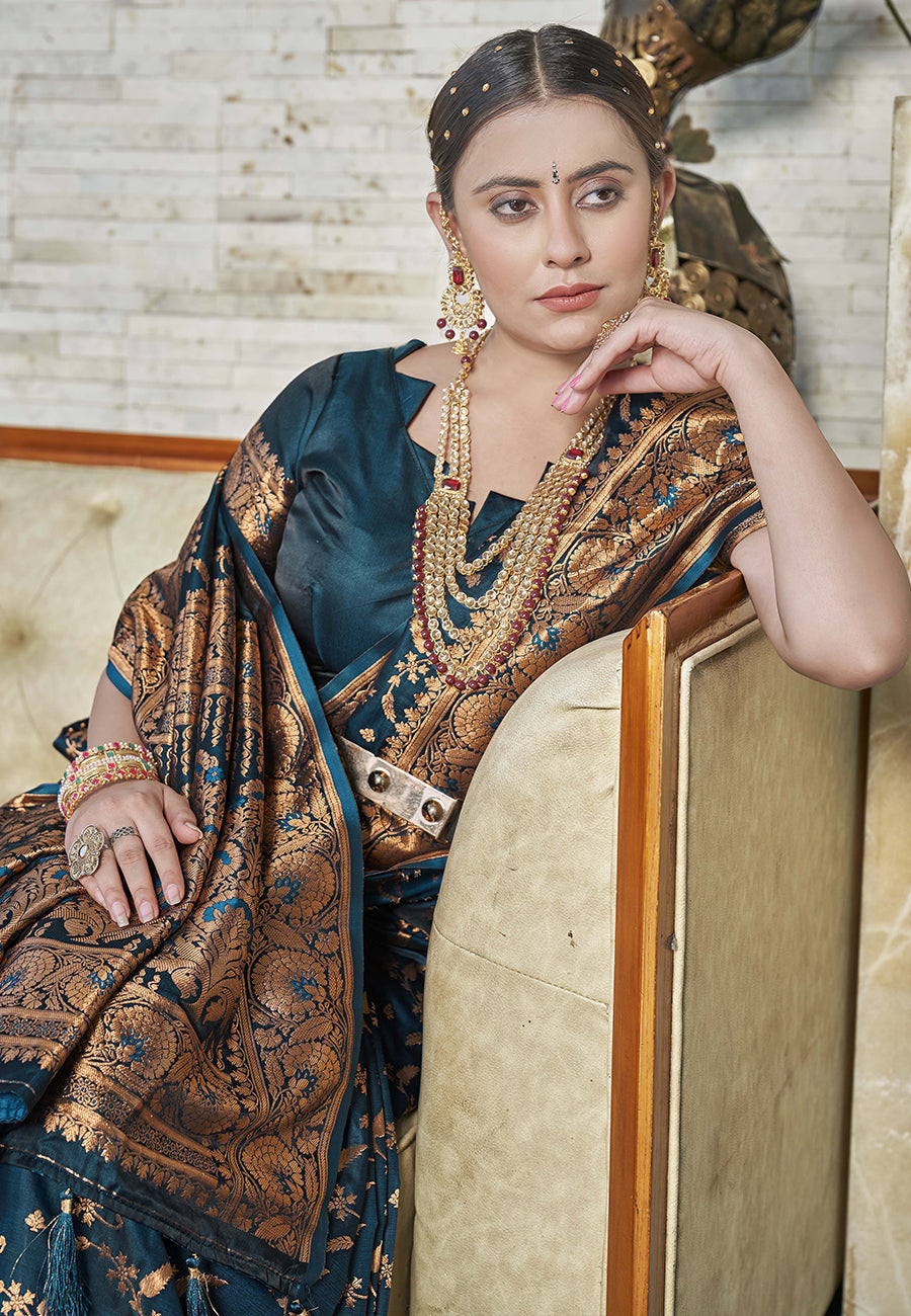 Dark Green Zari Woven Banarasi Jaal Katan Silk Saree