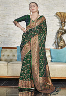 Dark Green Zari Woven Banarasi Jaal Katan Silk Saree