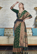 Dark Green Zari Woven Banarasi Jaal Katan Silk Saree