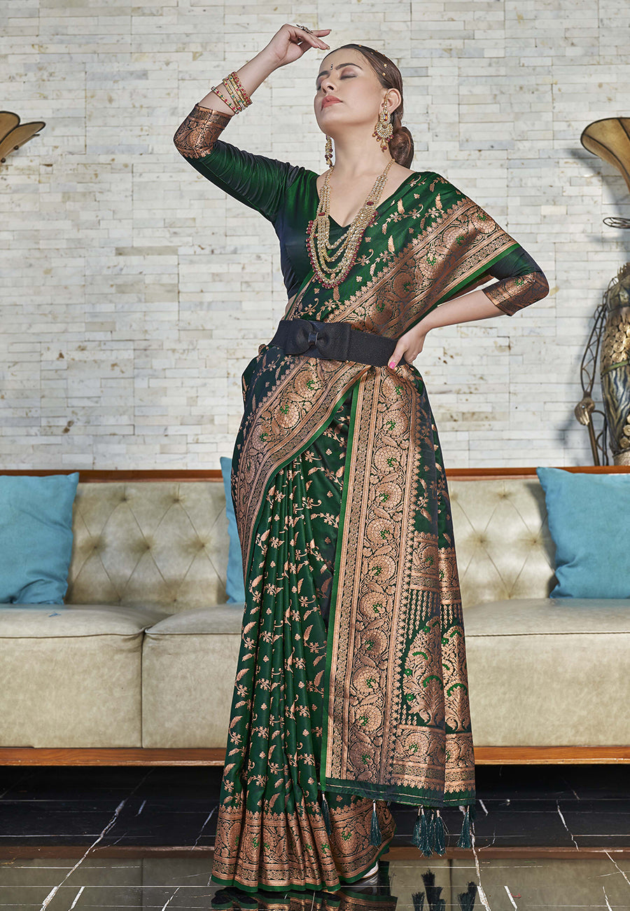 Dark Green Zari Woven Banarasi Jaal Katan Silk Saree