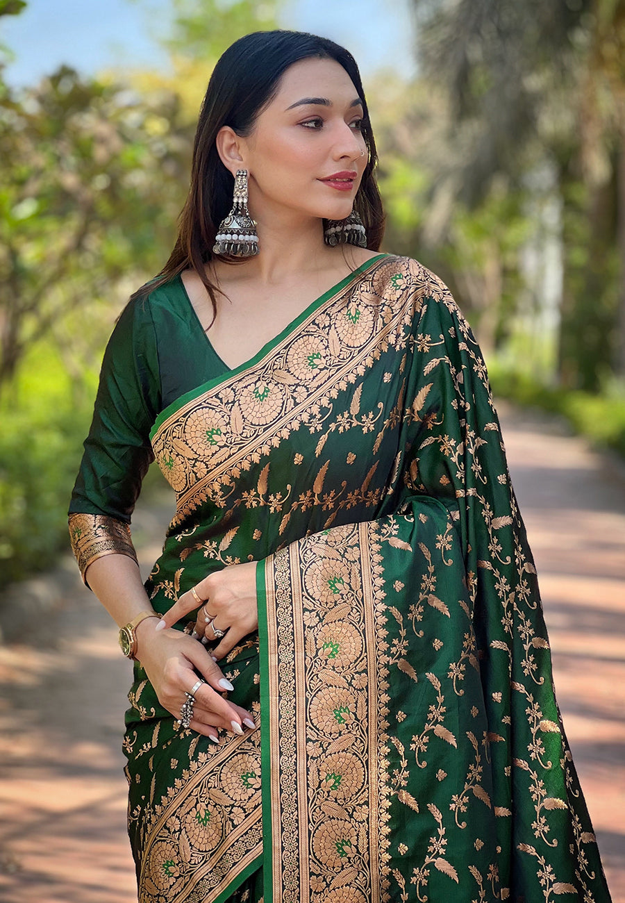 Dark Green Banarasi Jaal Katan Silk Zari Woven Saree