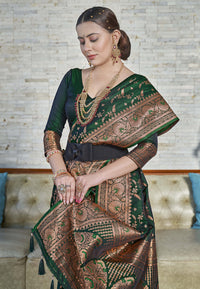 Dark Green Zari Woven Banarasi Jaal Katan Silk Saree