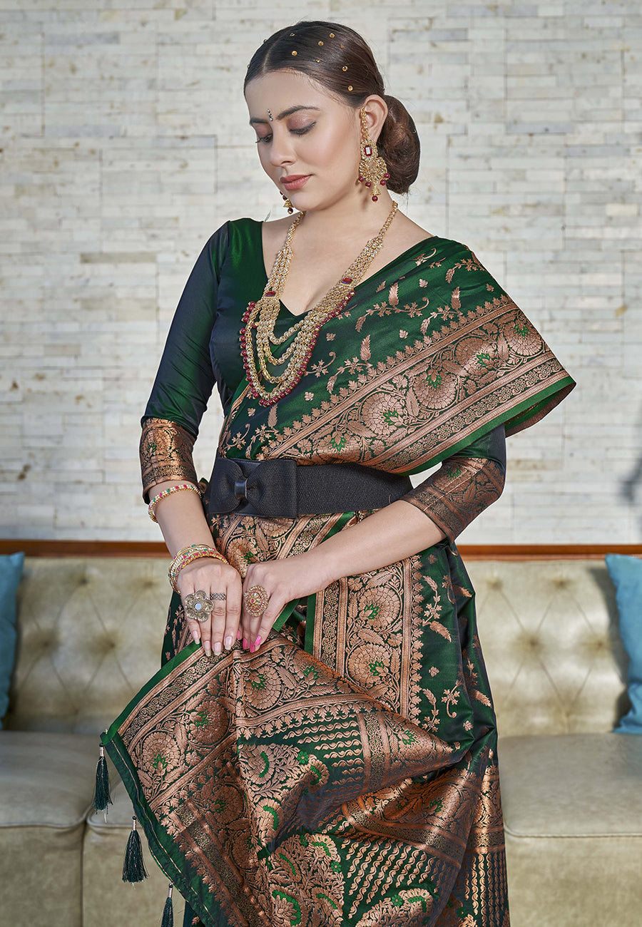 Dark Green Zari Woven Banarasi Jaal Katan Silk Saree