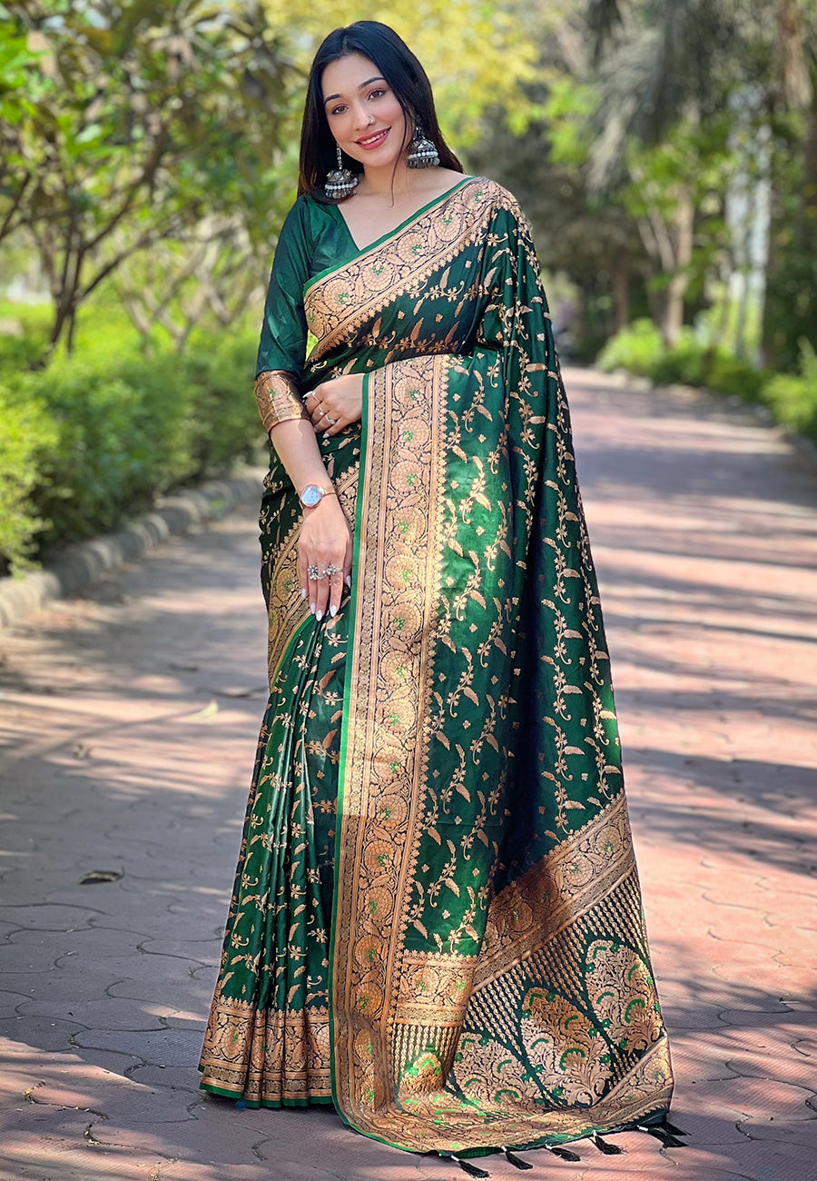 Dark Green Banarasi Jaal Katan Silk Zari Woven Saree