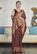 Maroon Zari Woven Banarasi Jaal Katan Silk Saree