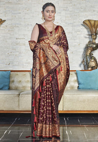 Maroon Zari Woven Banarasi Jaal Katan Silk Saree