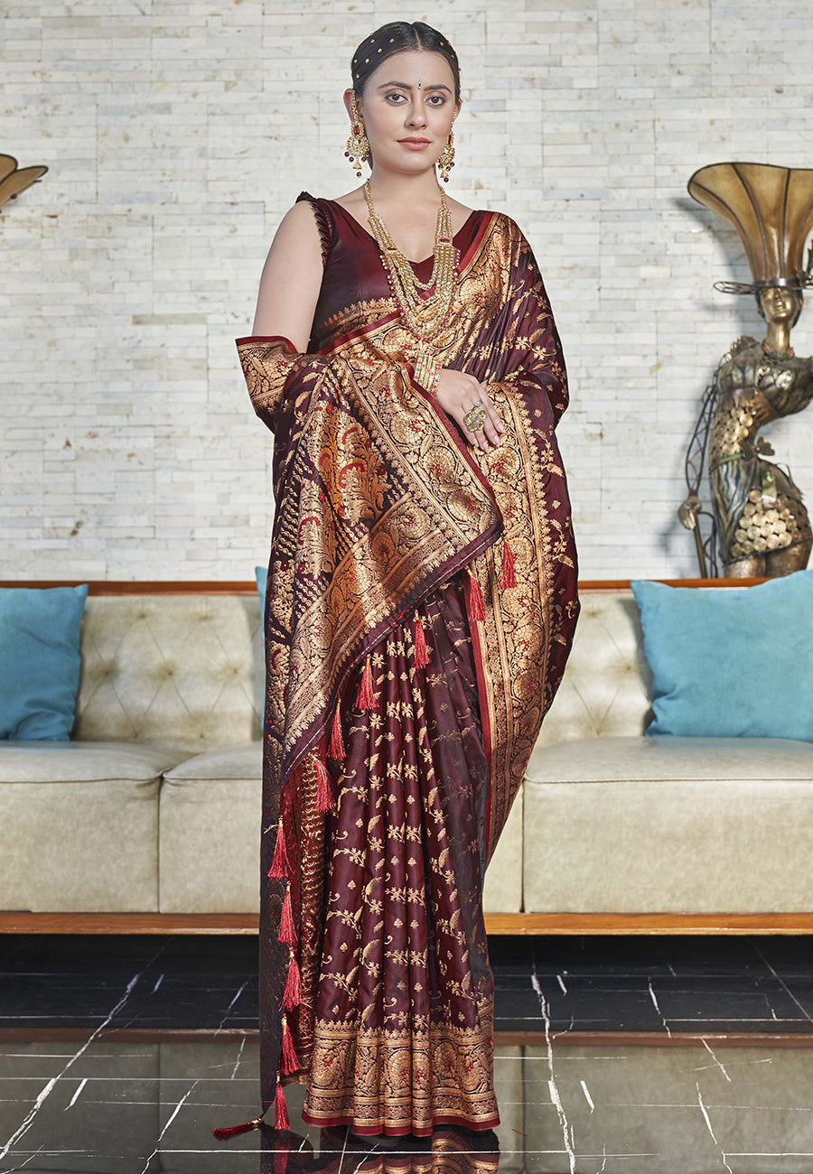 Maroon Zari Woven Banarasi Jaal Katan Silk Saree