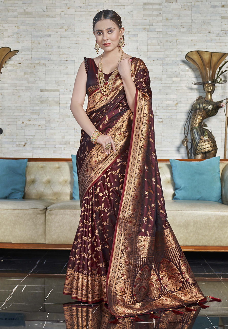 Maroon Zari Woven Banarasi Jaal Katan Silk Saree