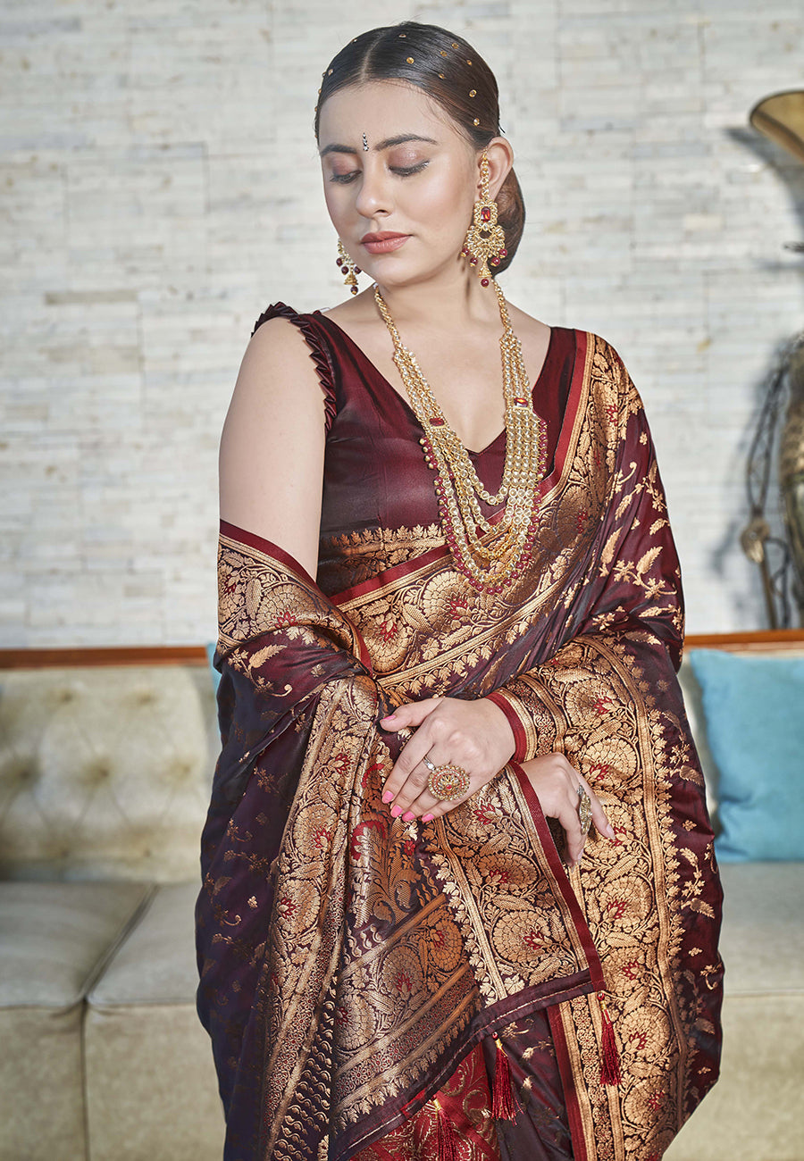 Maroon Zari Woven Banarasi Jaal Katan Silk Saree