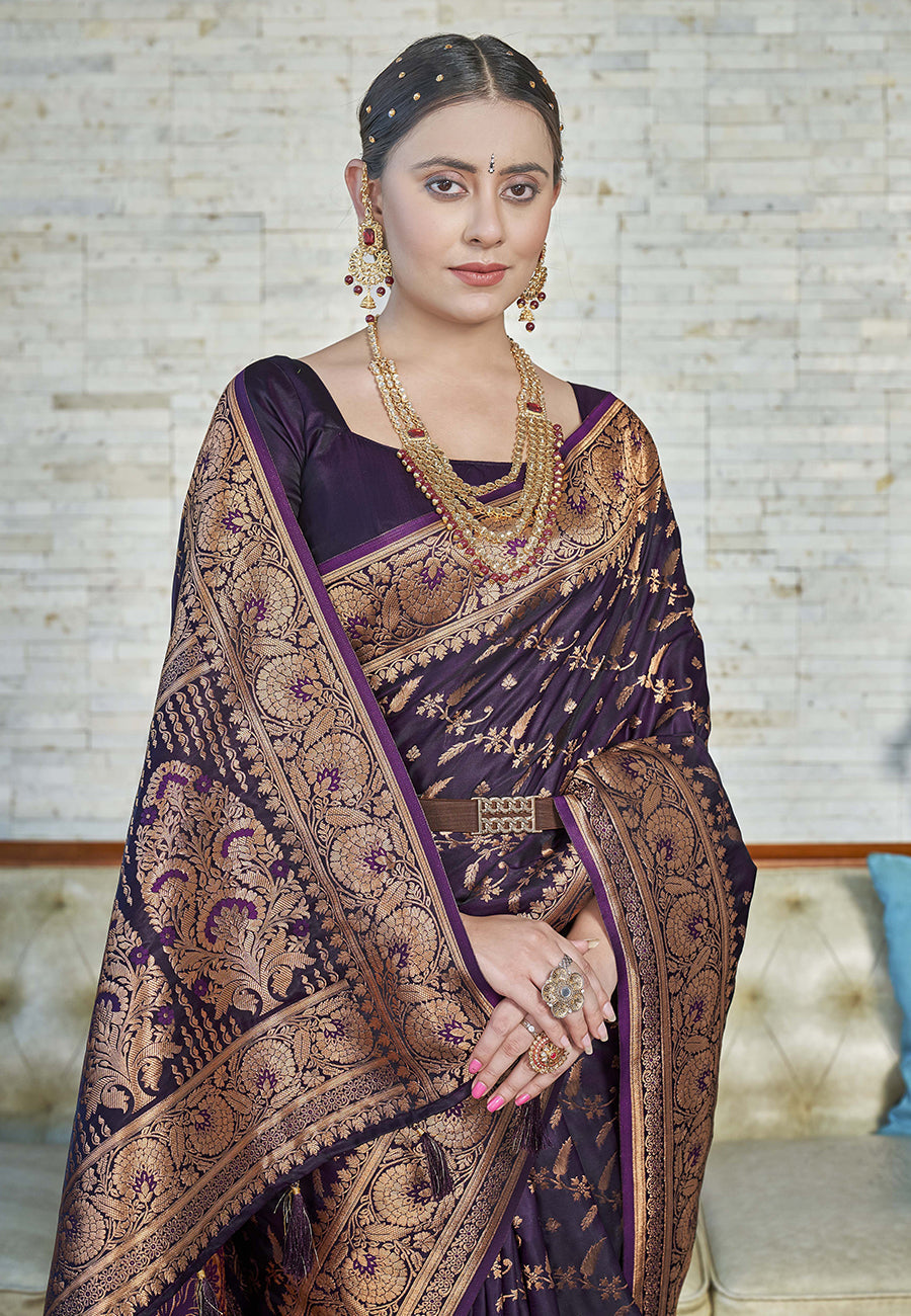 Wine Zari Woven Banarasi Jaal Katan Silk Saree