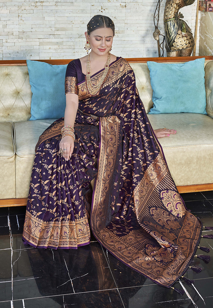 Wine Zari Woven Banarasi Jaal Katan Silk Saree