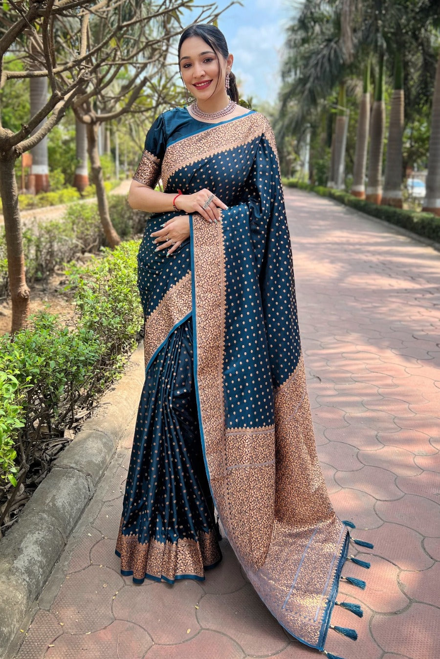 Blue Charcoal Banarasi Katan Soft Silk Saree