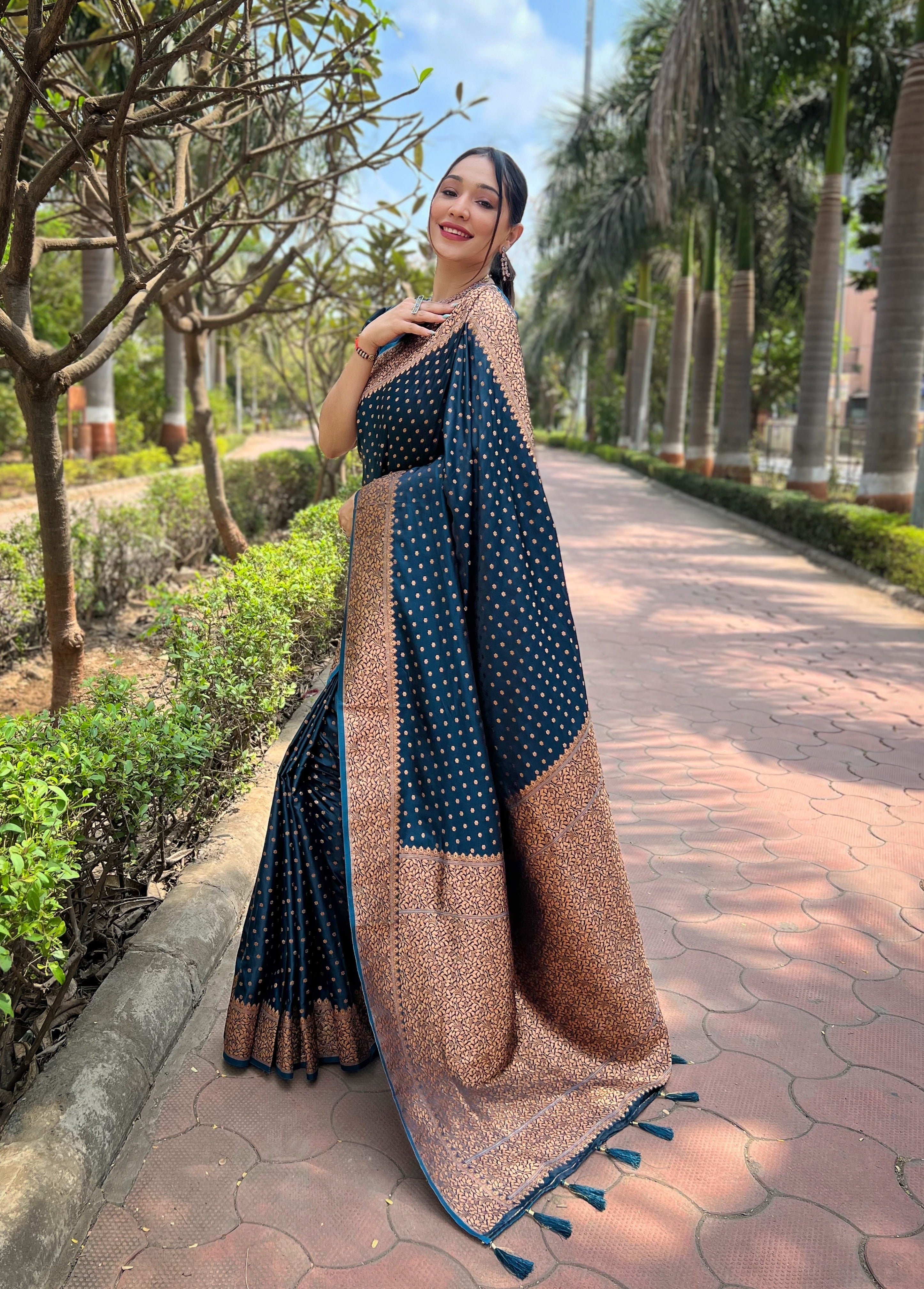 Blue Charcoal Banarasi Katan Soft Silk Saree