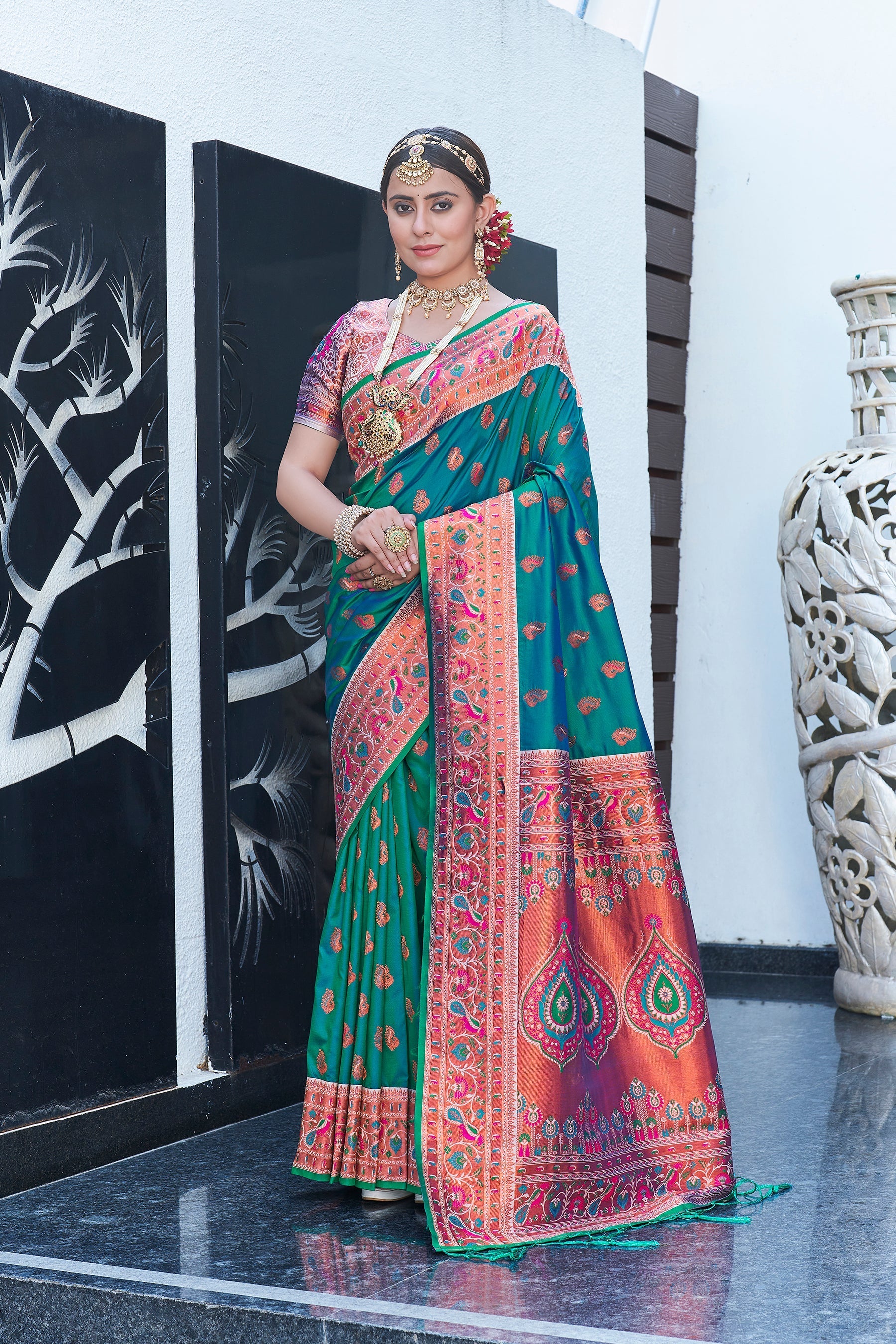 Latest Mint Green Meenakari Paithani Silk Zari Woven Saree