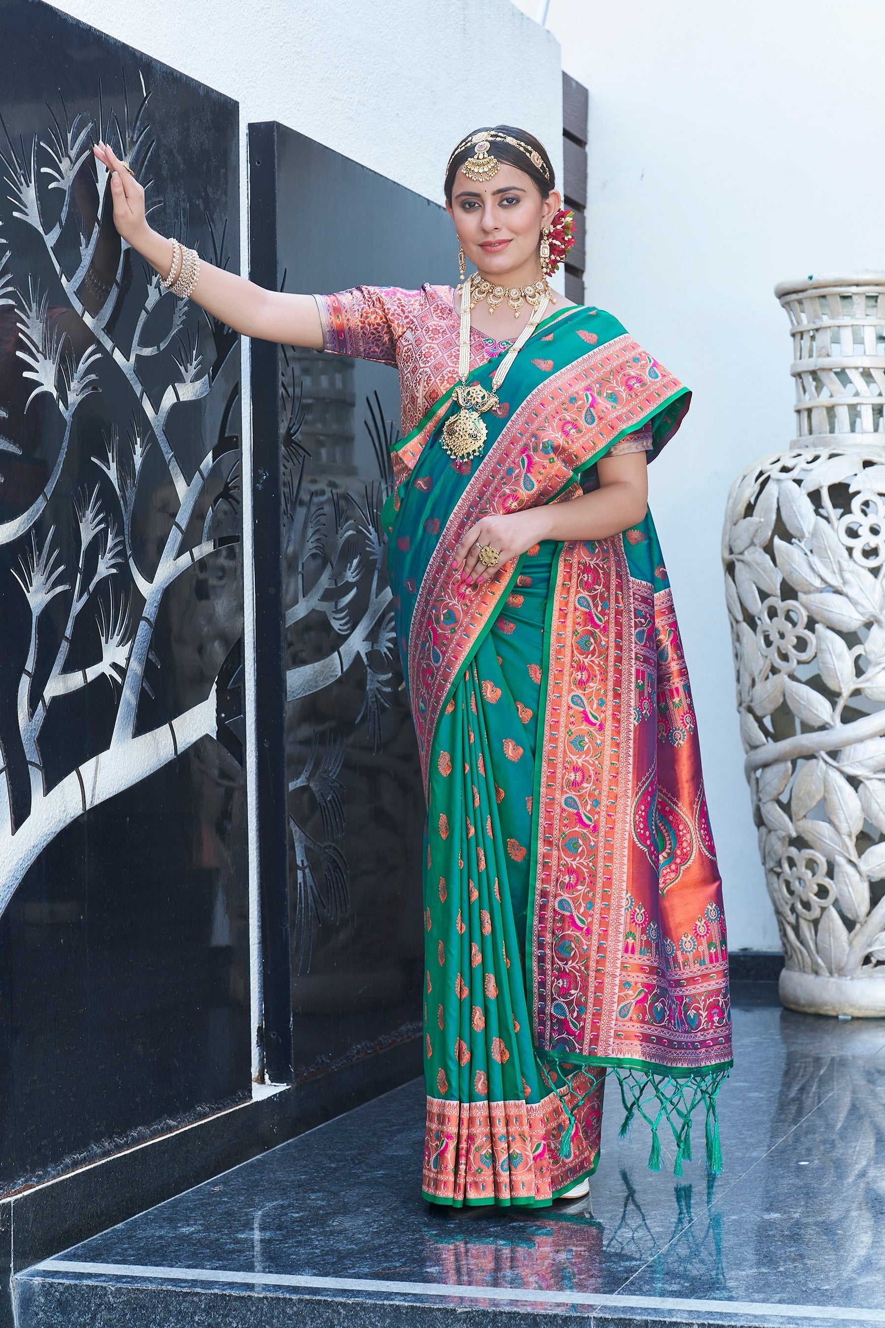 Latest Mint Green Meenakari Paithani Silk Zari Woven Saree