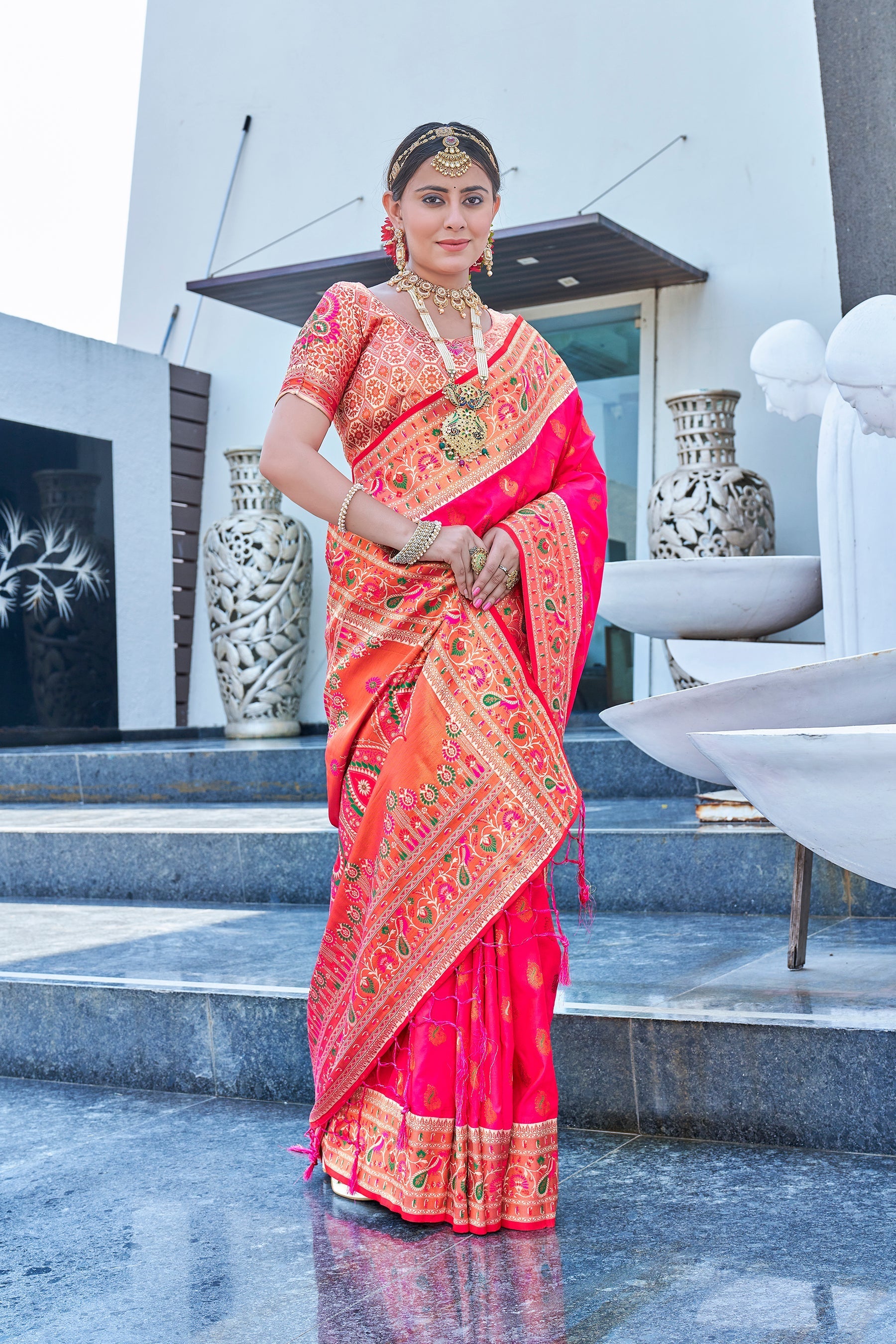 Latest Pink Meenakari Paithani Silk Zari Woven Saree