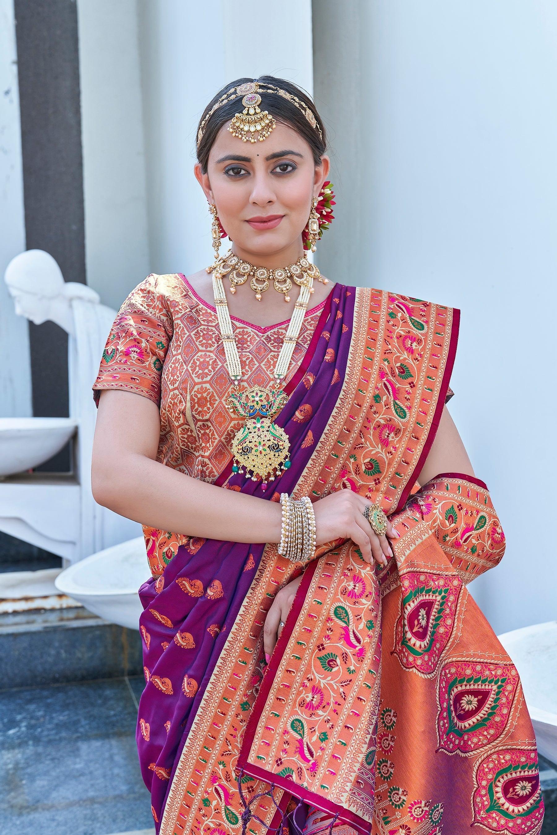 Latest Purple Meenakari Paithani Silk Zari Woven Saree