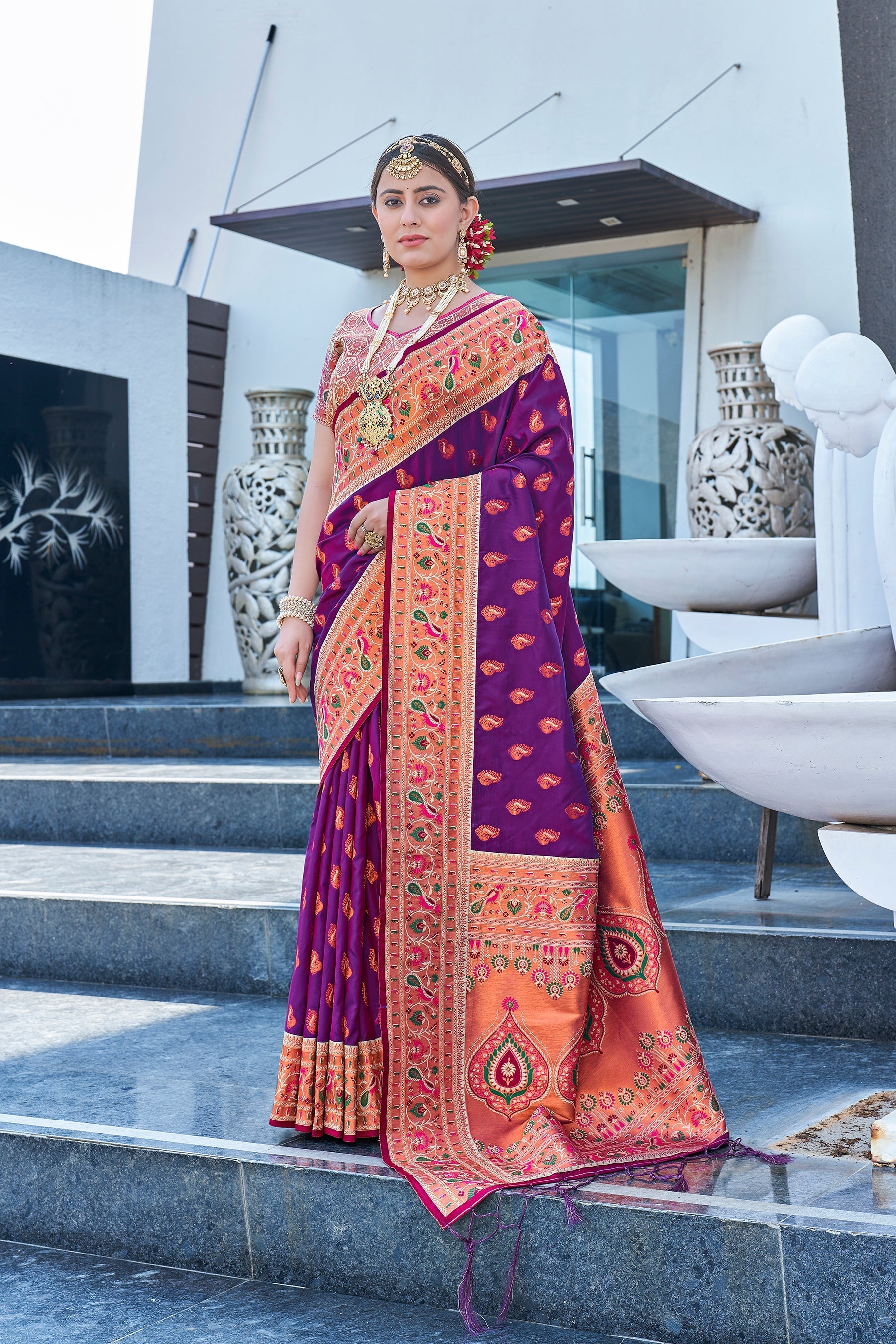 Latest Purple Meenakari Paithani Silk Zari Woven Saree