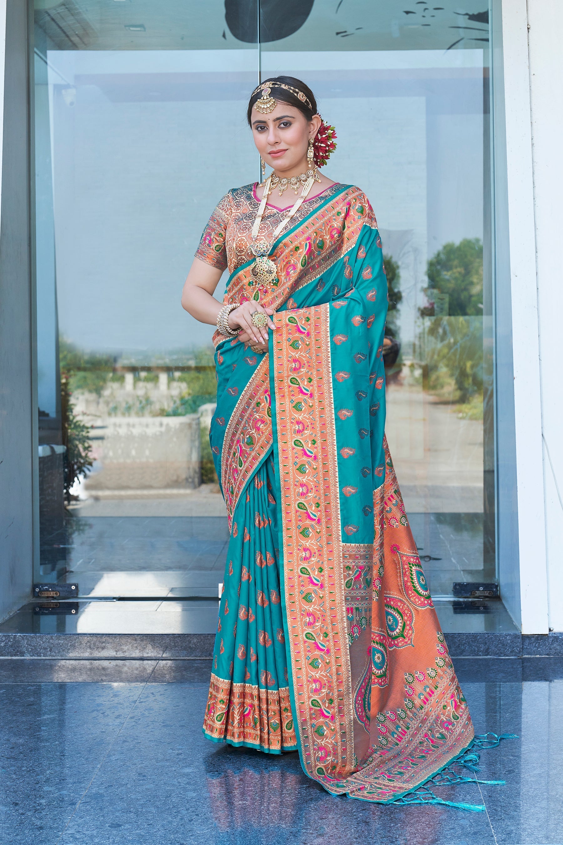 Latest Teal Meenakari Paithani Silk Zari Woven Saree