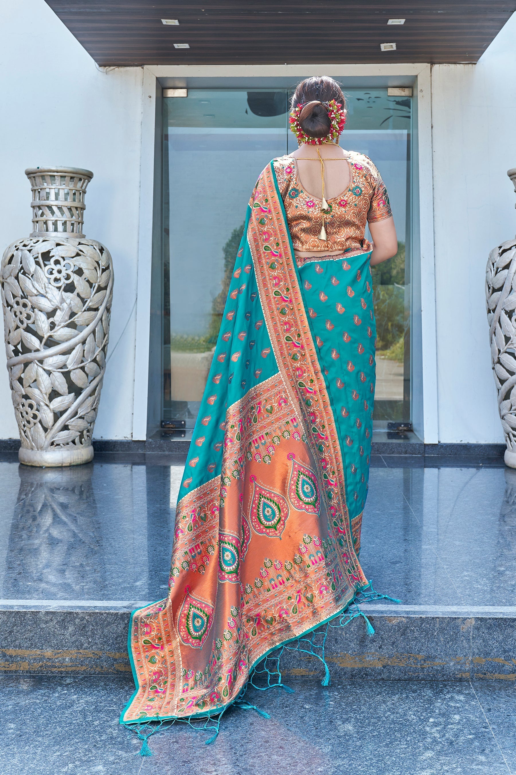 Latest Teal Meenakari Paithani Silk Zari Woven Saree