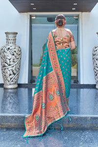 Latest Teal Meenakari Paithani Silk Zari Woven Saree