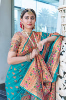 Latest Teal Meenakari Paithani Silk Zari Woven Saree