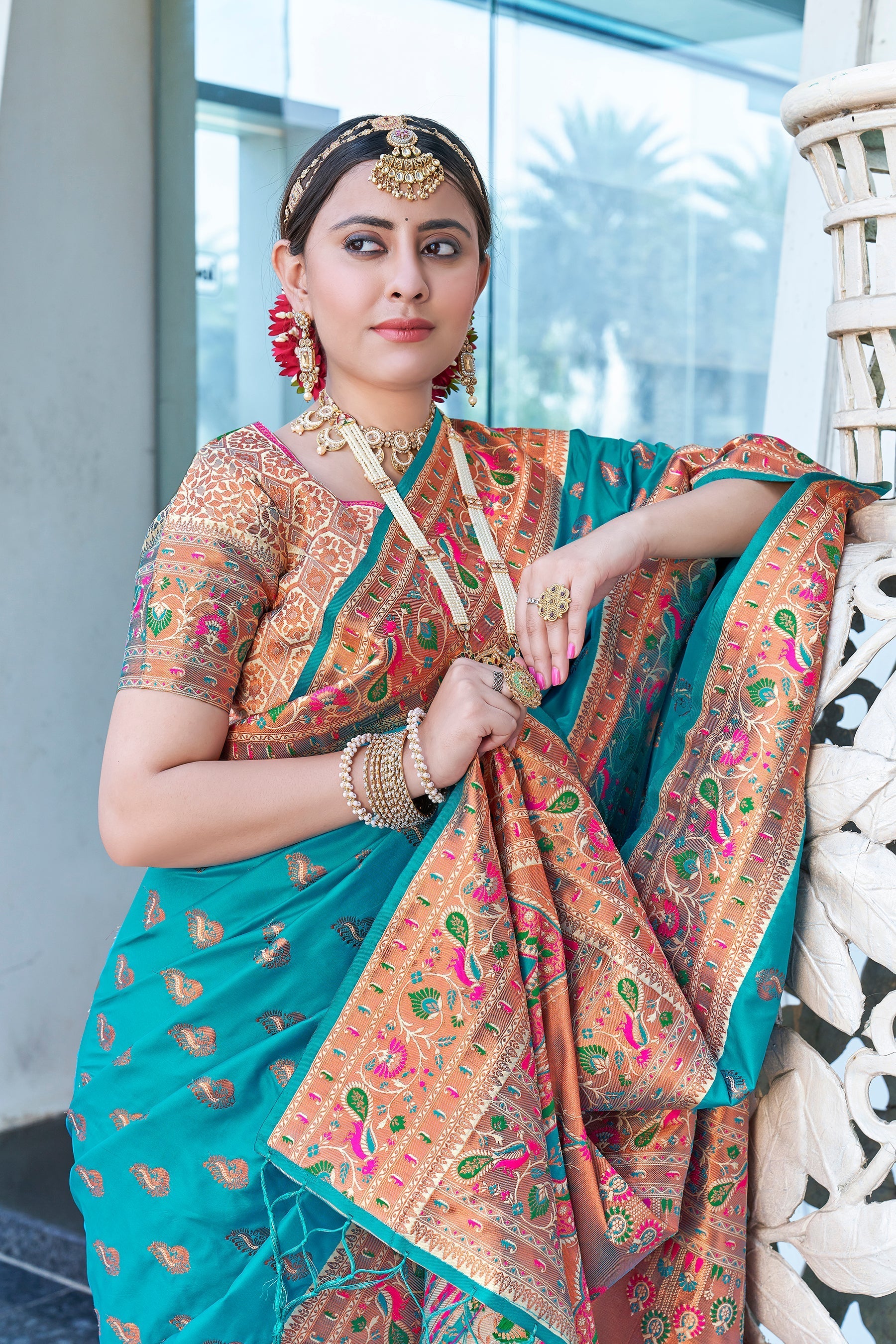 Latest Teal Meenakari Paithani Silk Zari Woven Saree