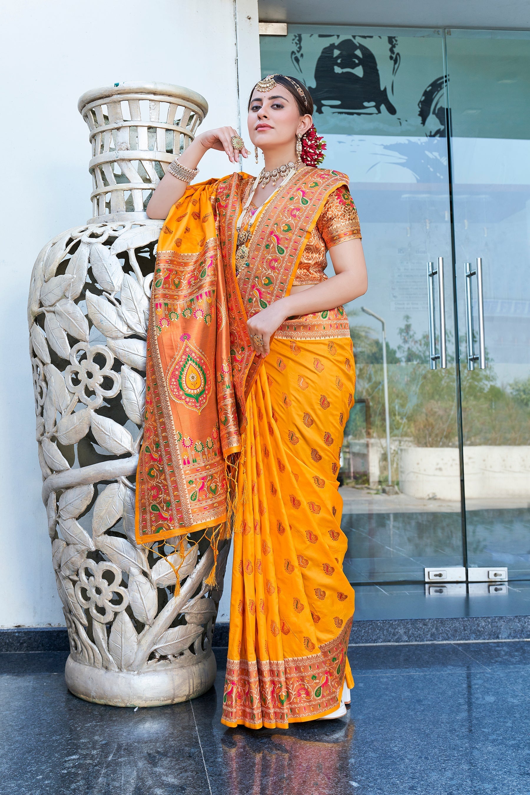 Latest Yellow Meenakari Paithani Silk Zari Woven Saree