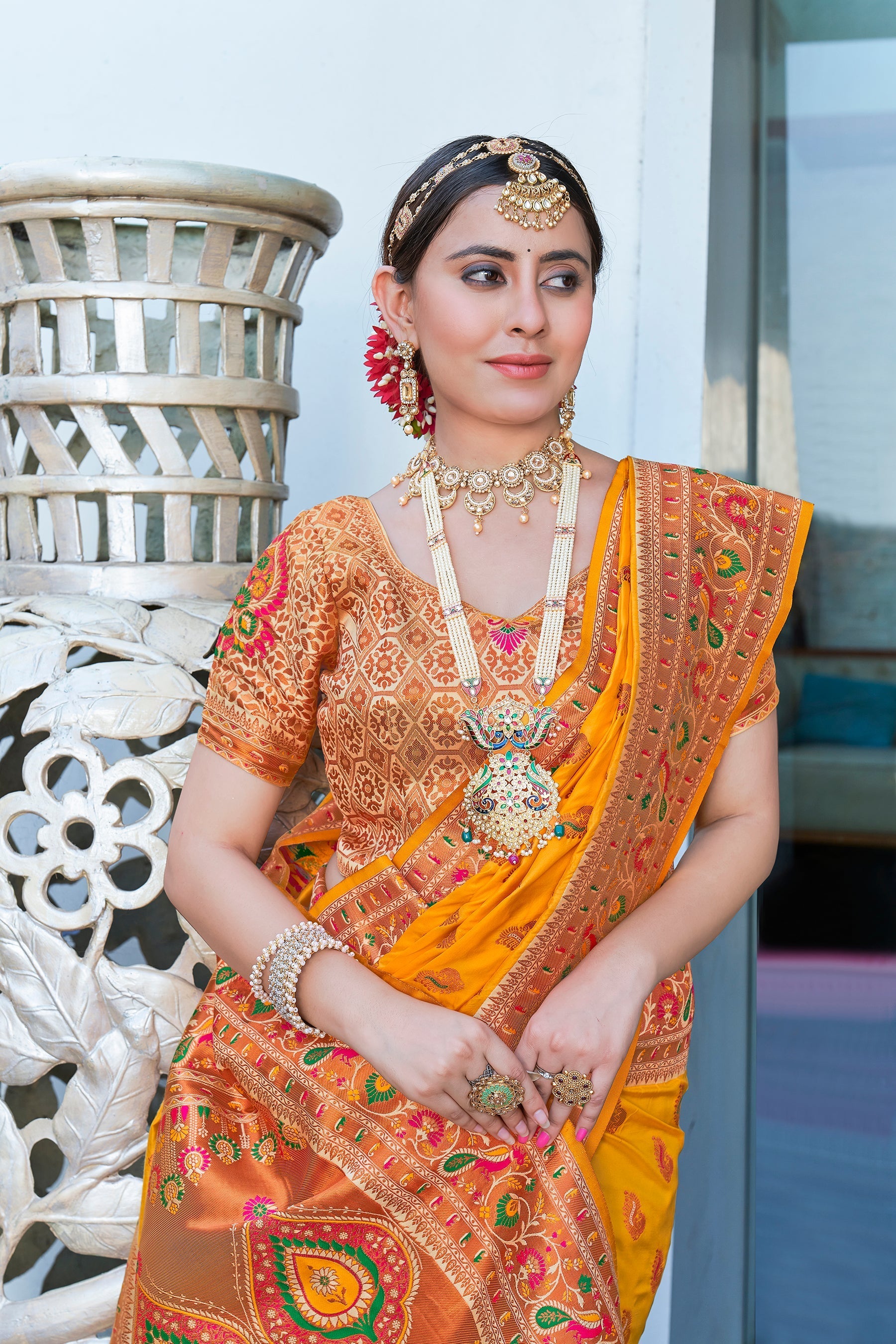 Latest Yellow Meenakari Paithani Silk Zari Woven Saree