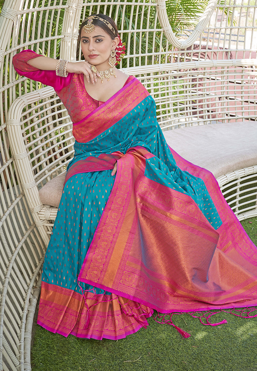 Rama Colour Butti Zari Woven Paithani Silk Saree With Resham Tassel