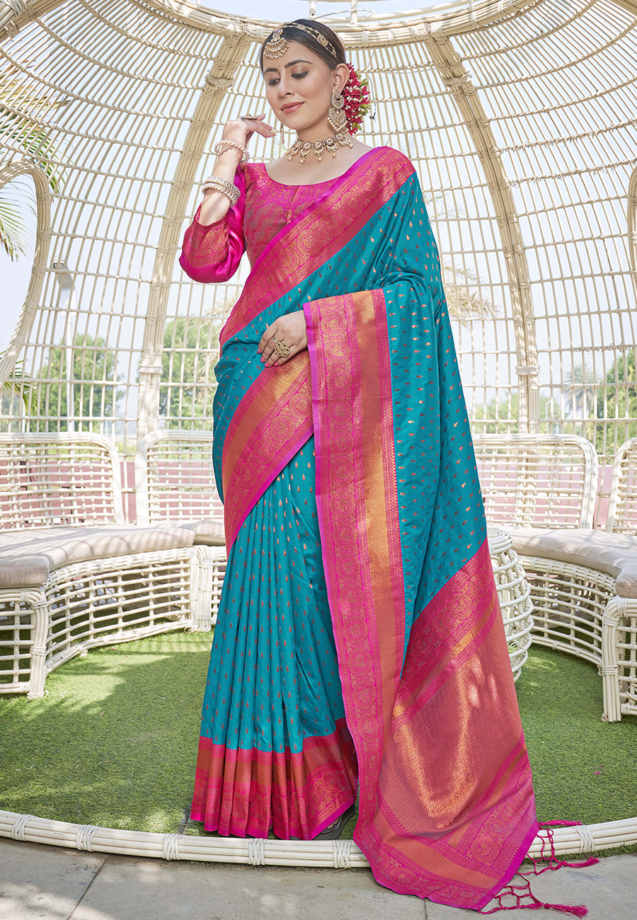 Rama Colour Butti Zari Woven Paithani Silk Saree With Resham Tassel