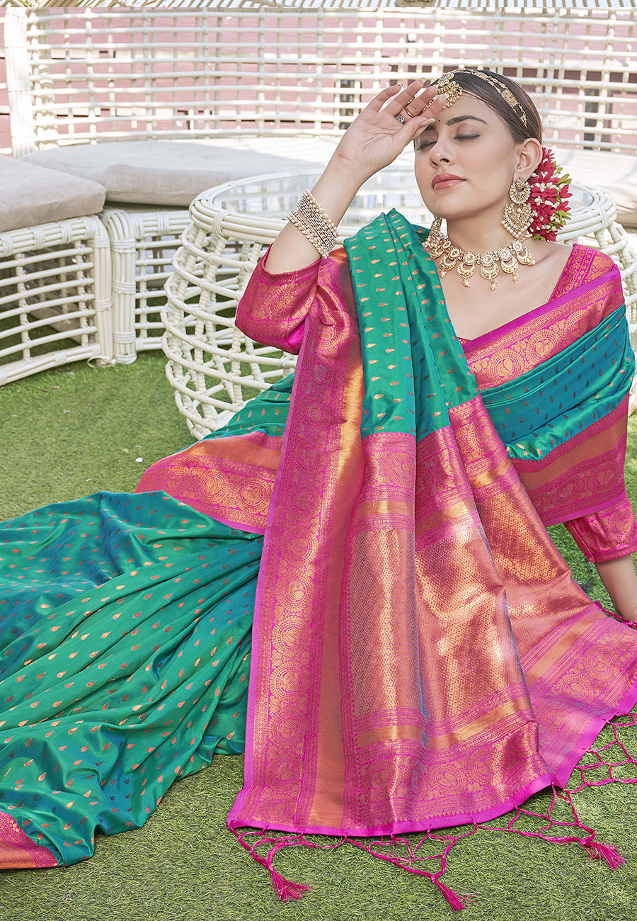 Green Colour Butti Zari Woven Paithani Silk Saree With Resham Tassel