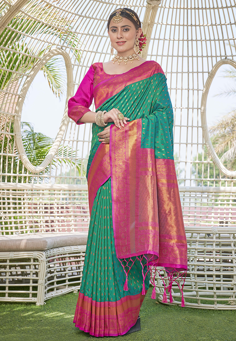 Green Colour Butti Zari Woven Paithani Silk Saree With Resham Tassel