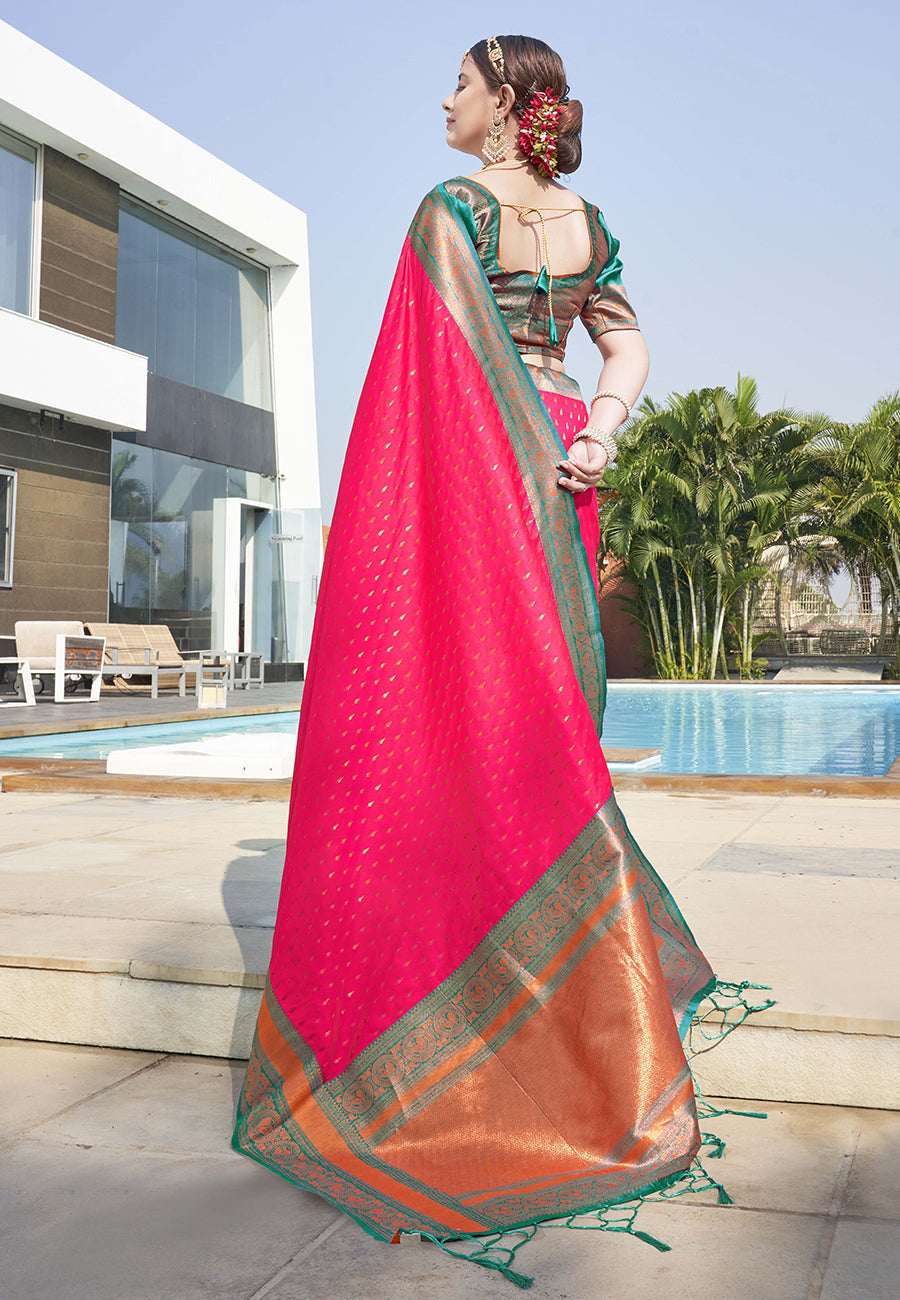 Gajari Colour Butti Zari Woven Paithani Silk Saree With Resham Tassel