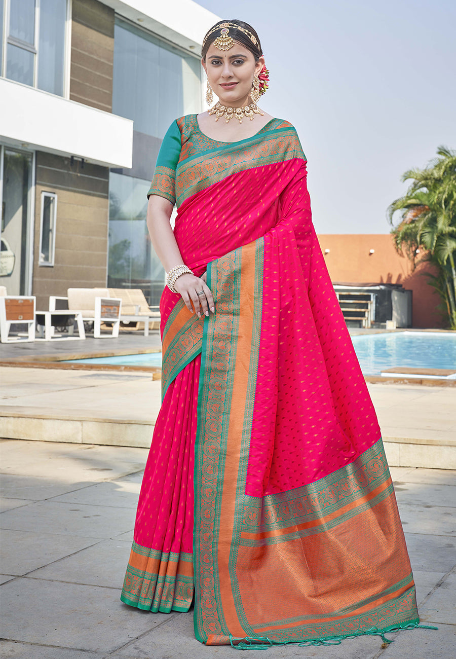 Gajari Colour Butti Zari Woven Paithani Silk Saree With Resham Tassel