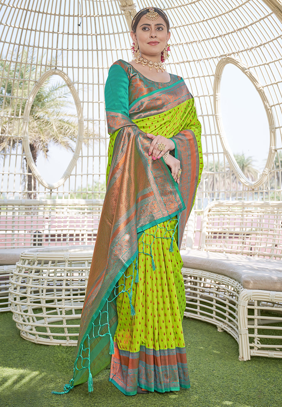 Lime Colour Butti Zari Woven Paithani Silk Saree With Resham Tassel